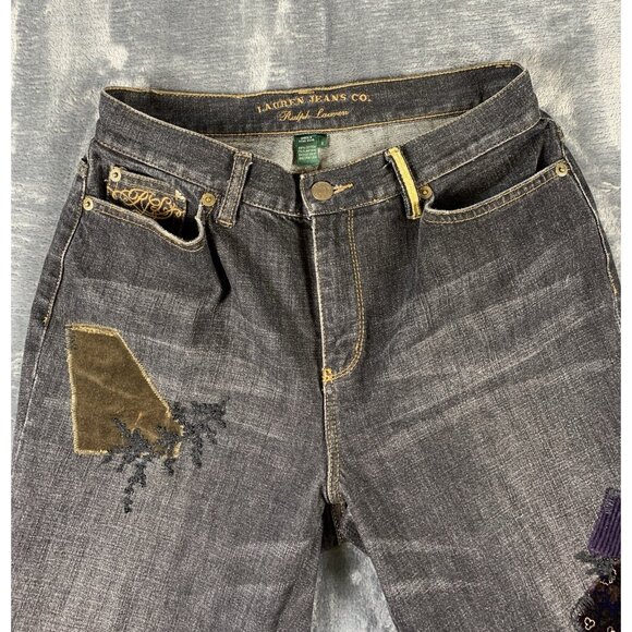 Lauren Ralph Lauren Jeans Women's Size 4 Black Denim Embroidered Patchwork RARE - Picture 4 of 14